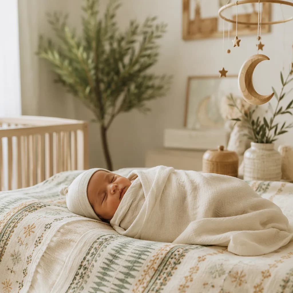 Peaceful swaddled newborn in a warm pastel nursery with soft natural light.