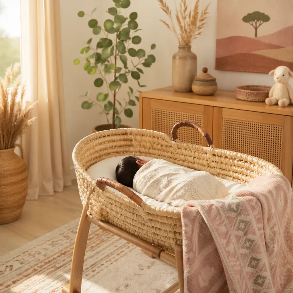 Swaddled Ethiopian newborn in a warm pastel nursery with woven textures and soft natural light.