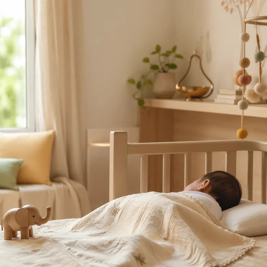 Soft pastel nursery scene with a peaceful baby and subtle Indian-inspired decor.