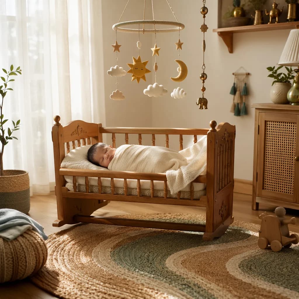 A peaceful swaddled baby in a warm pastel nursery with a celestial mobile and soft curved rug.