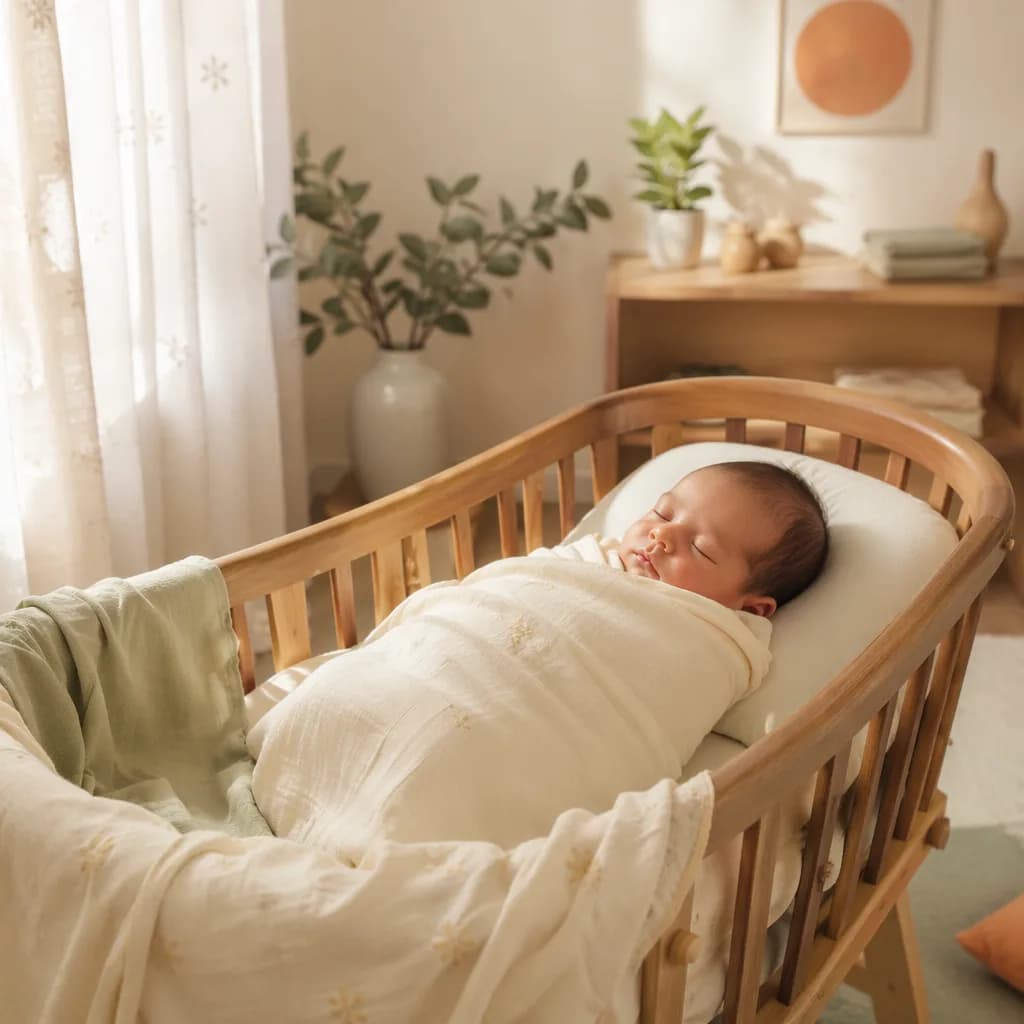Sleeping baby in a calm pastel nursery with warm natural light.