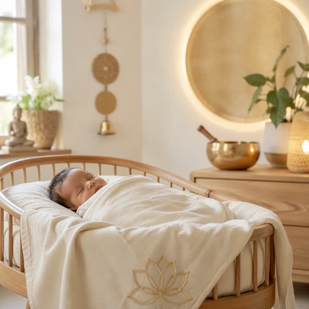 A peaceful newborn in a warm pastel nursery with subtle Sanskrit-inspired decor.