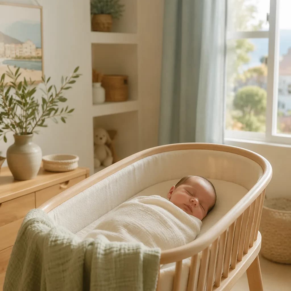 Sleeping newborn in a soft pastel nursery with gentle Mediterranean accents.