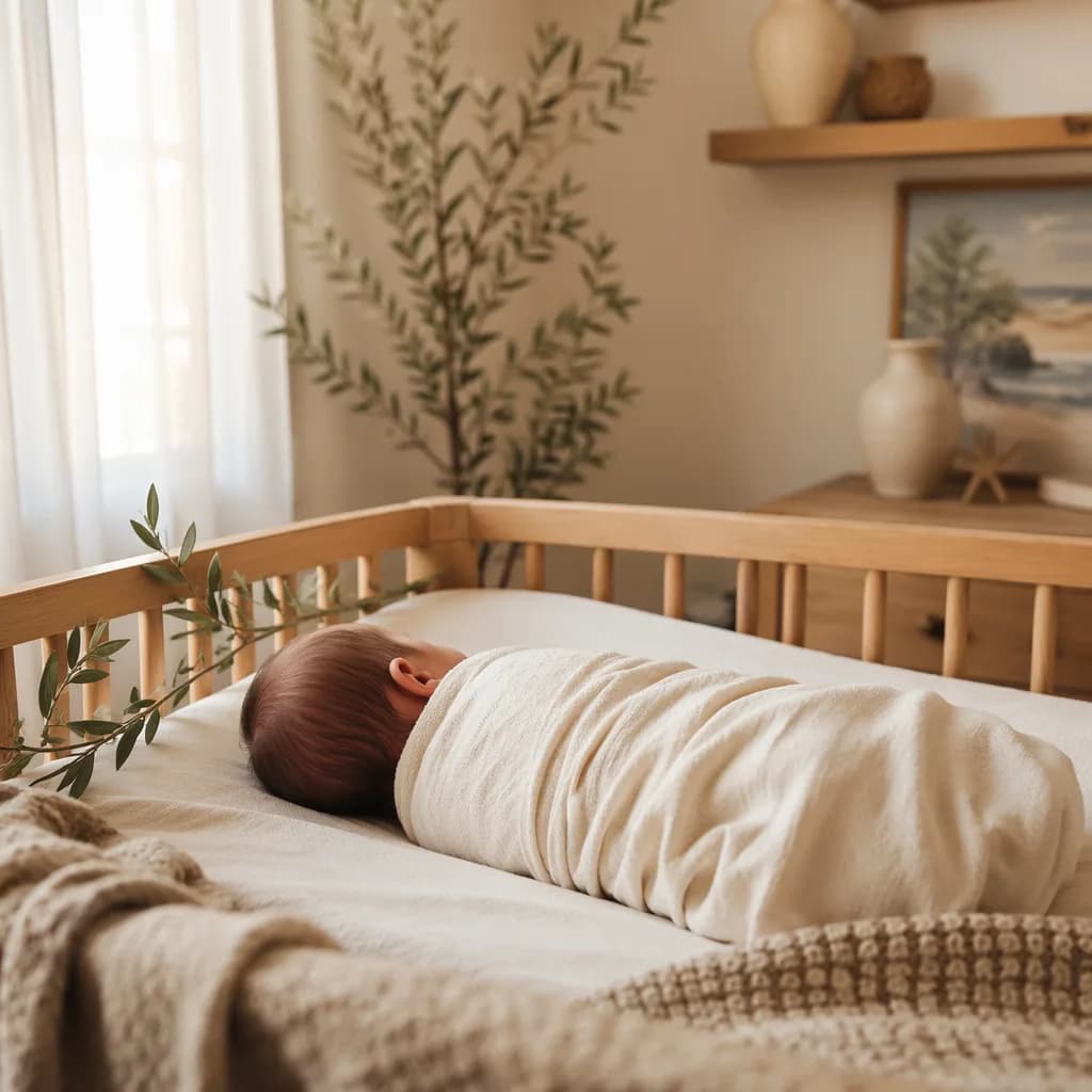 Peaceful swaddled newborn in a softly lit pastel nursery with Mediterranean accents.