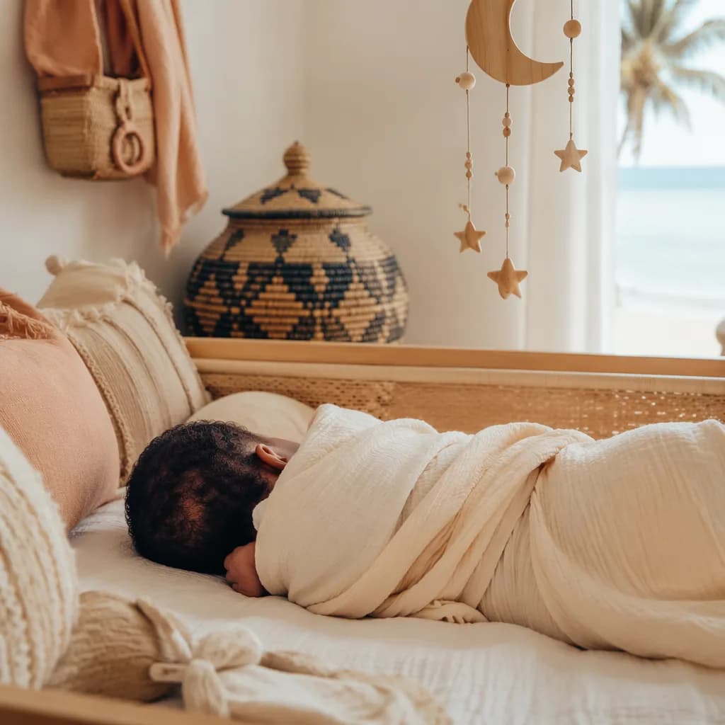 A peaceful pastel nursery with a swaddled baby, woven basket, and soft crescent moon mobile in gentle natural light.