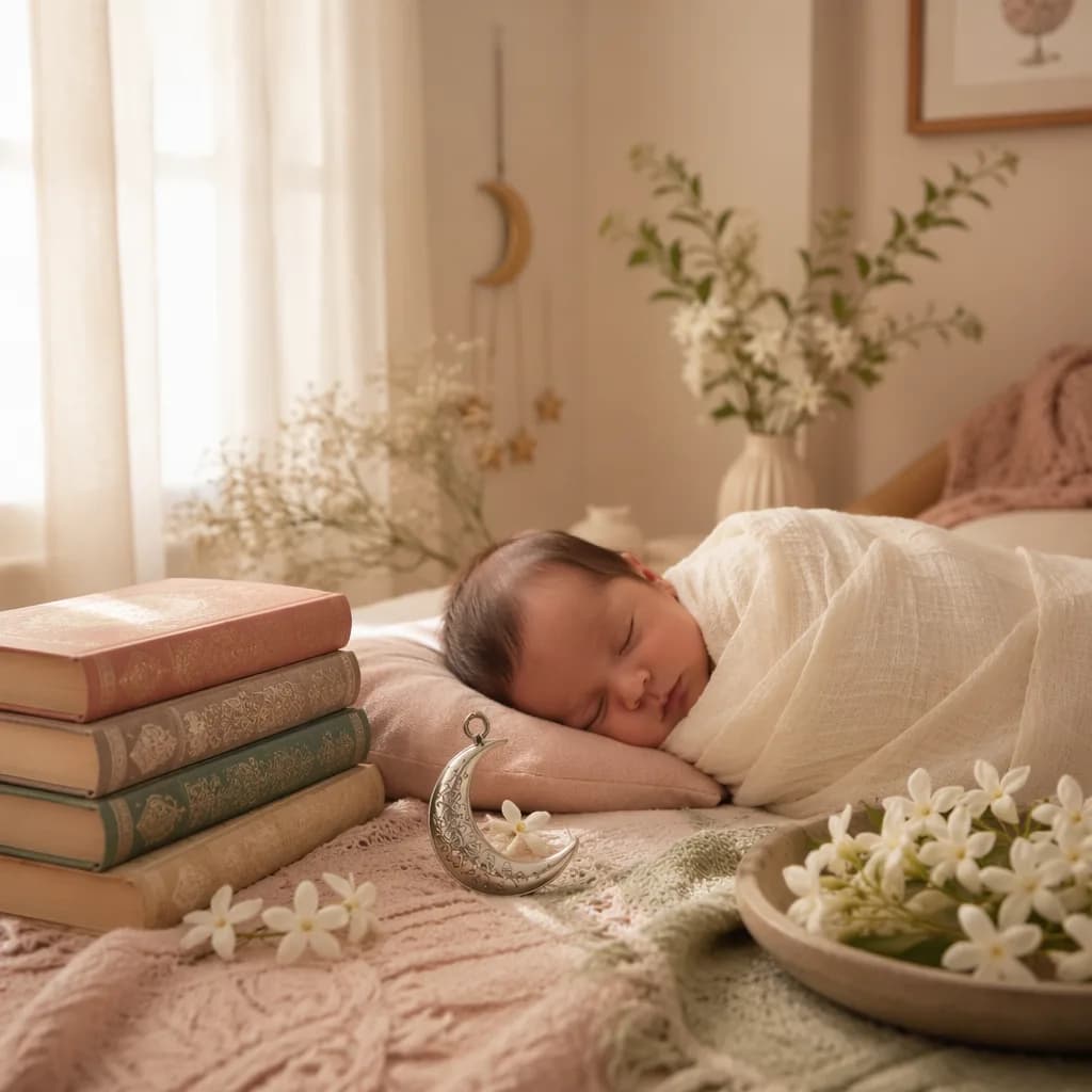 A serene pastel nursery with a swaddled sleeping baby, jasmine flowers, a moon charm, and stacked books.
