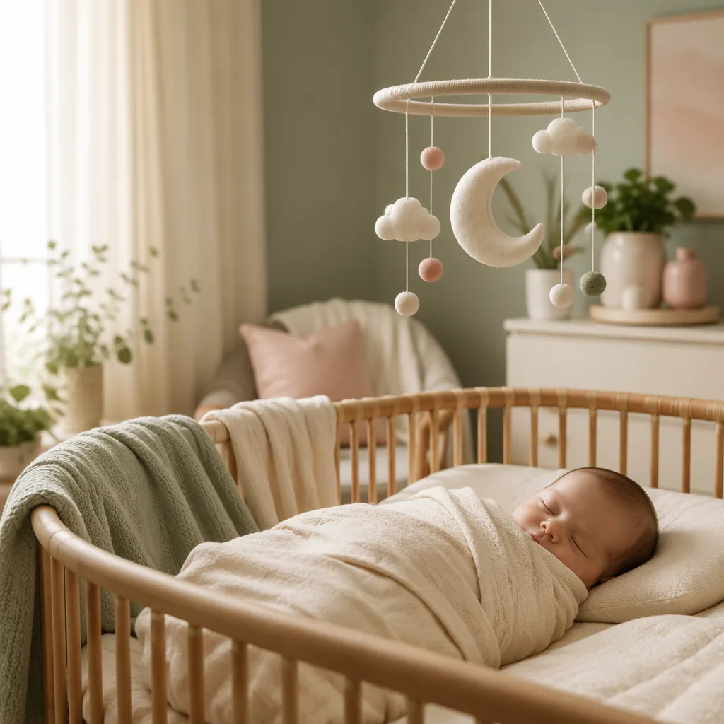 Serene pastel nursery with a sleeping swaddled baby and moon mobile
