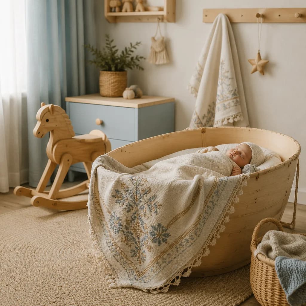 Sleeping baby in a cozy pastel Russian-inspired nursery.