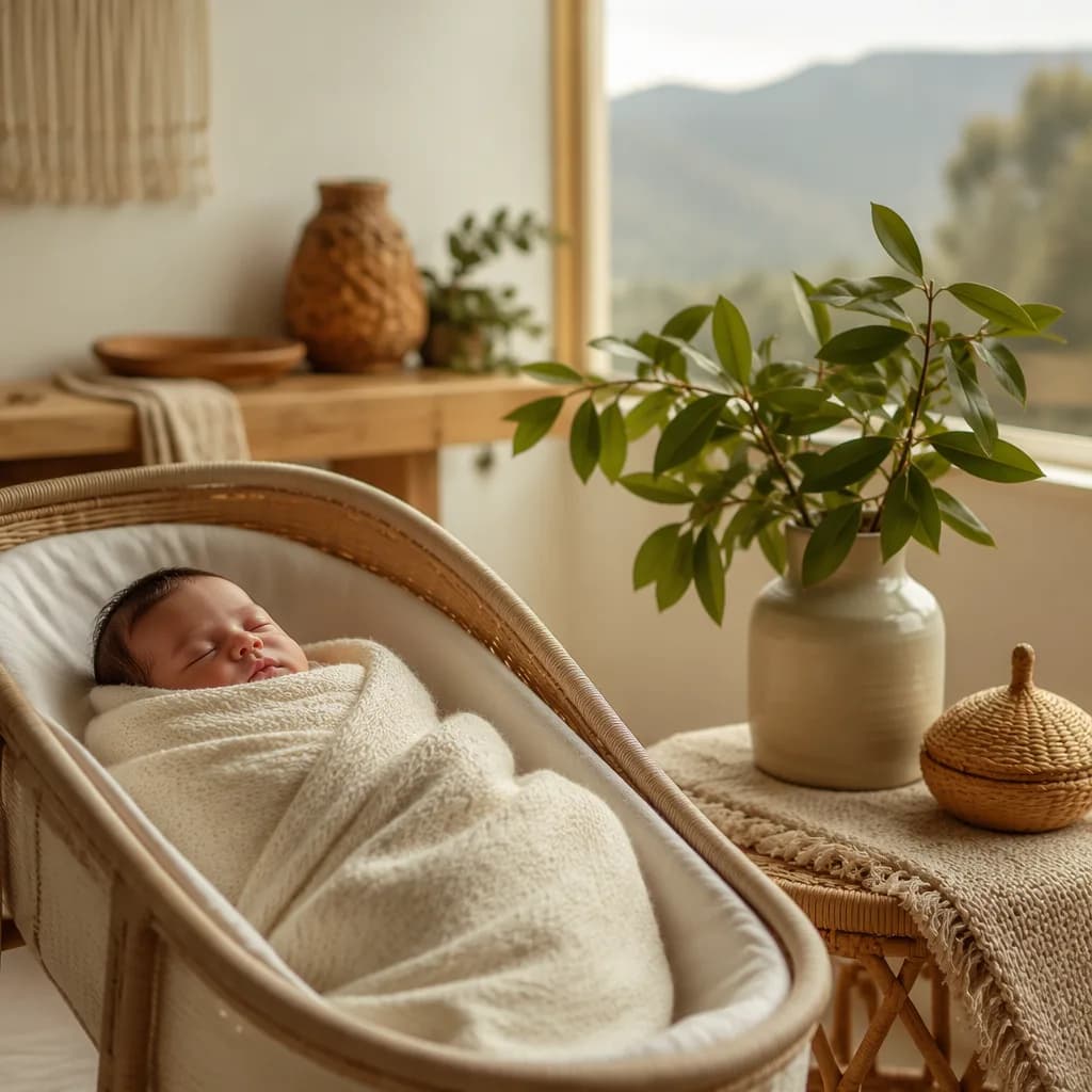 A softly lit cozy nursery with a swaddled sleeping baby and delicate maitén leaves.