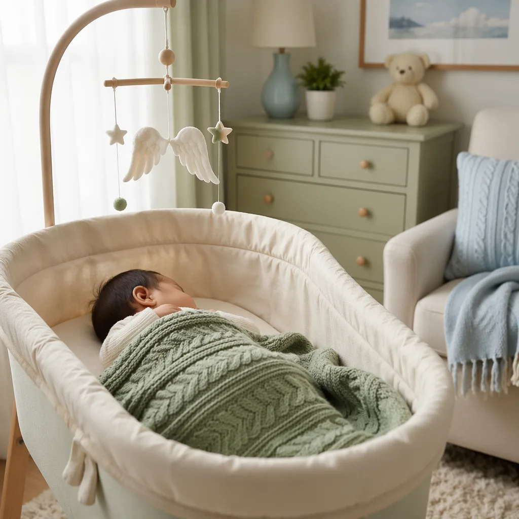 A peaceful Filipino baby sleeping in a soft pastel nursery with gentle natural light.