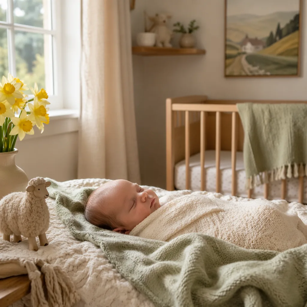 A softly lit Welsh-inspired nursery with a swaddled baby, daffodils, and a wooden sheep toy.