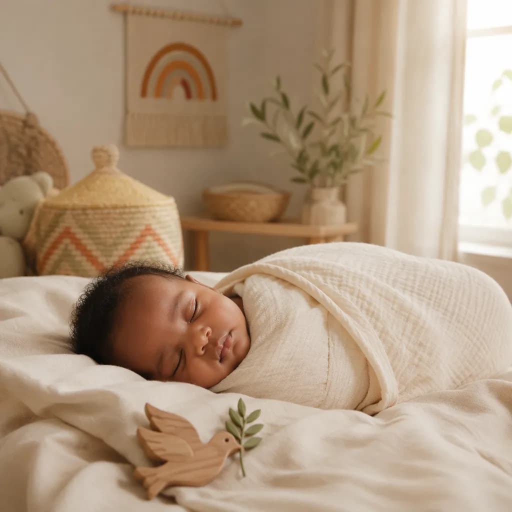 Peaceful Ethiopian baby sleeping in a soft pastel nursery with woven accents.