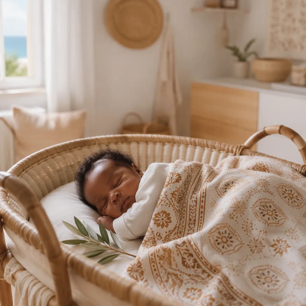 Peaceful newborn in a softly lit Swahili-inspired nursery.