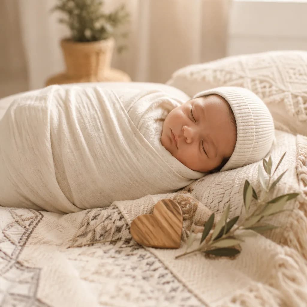 Peaceful swaddled newborn in a warm pastel nursery with a small heart charm.