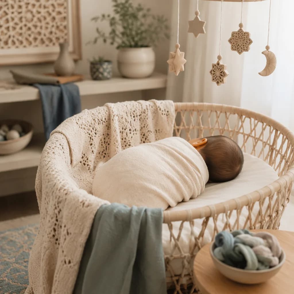 Peaceful newborn in a soft Arabic-inspired nursery with pastel fabrics and warm natural light.