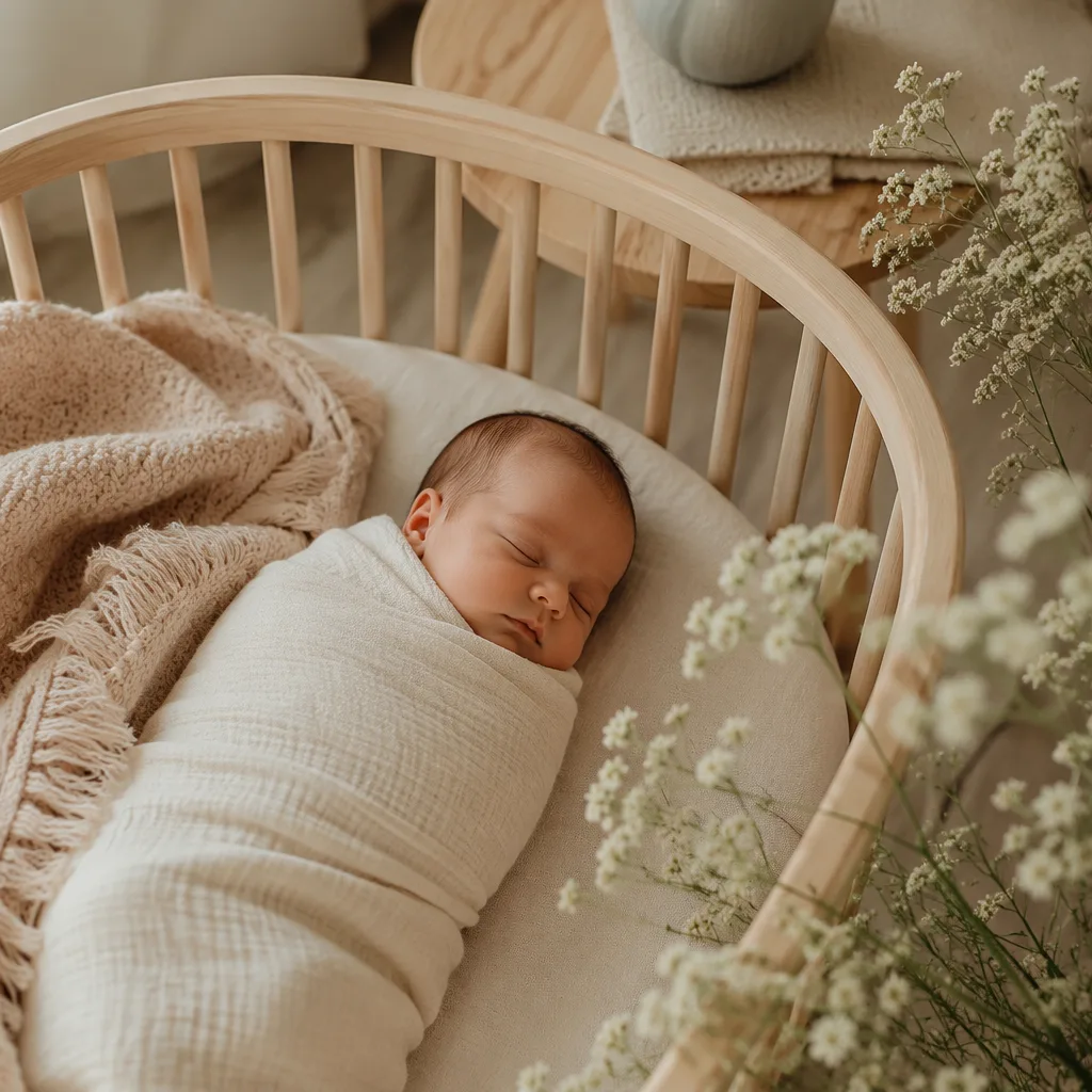 Sleeping baby in a soft Scandinavian nursery with gentle pastel tones.