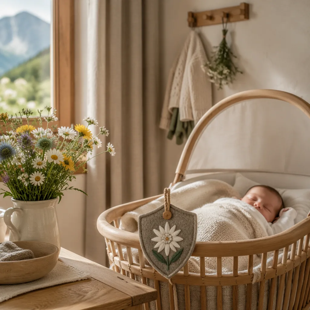 Sleeping baby in a cozy pastel nursery with gentle protective details.