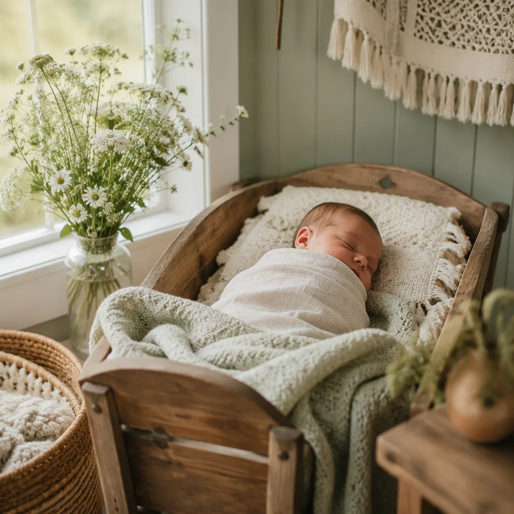 Soft Irish-inspired nursery with a peacefully swaddled newborn in warm natural light.
