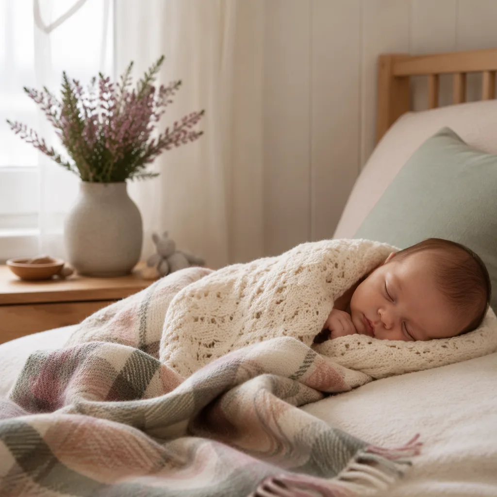 A cozy Scottish-inspired nursery with a sleeping baby, pastel tartan blanket, and heather in soft natural light.