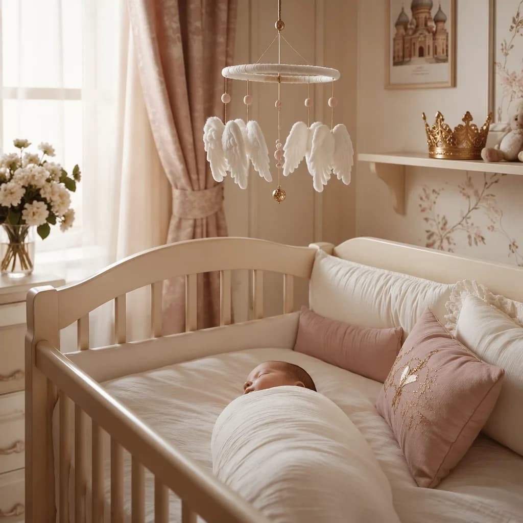 A swaddled newborn in a softly lit pastel nursery with angel and crown accents.