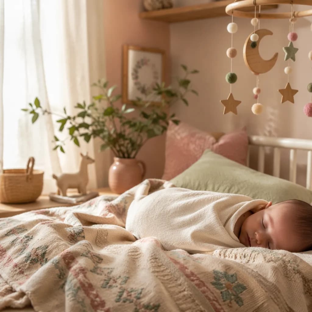 A softly lit modern nursery with a sleeping swaddled baby and gentle Turkish-inspired details.