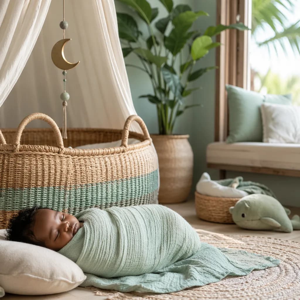 Sleeping baby in a soft pastel nursery with a crescent moon mobile and woven bassinet.