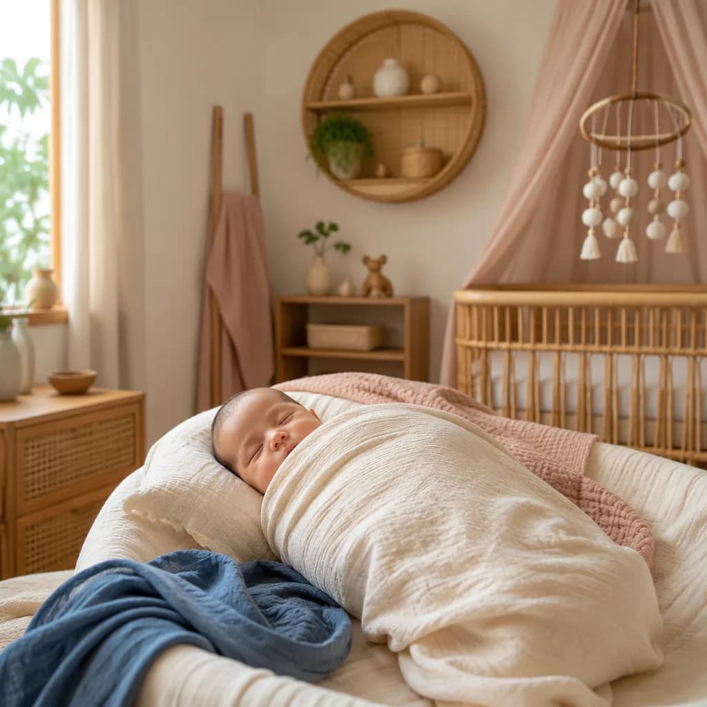 A peaceful newborn in a warm pastel nursery with soft blue and rattan accents.