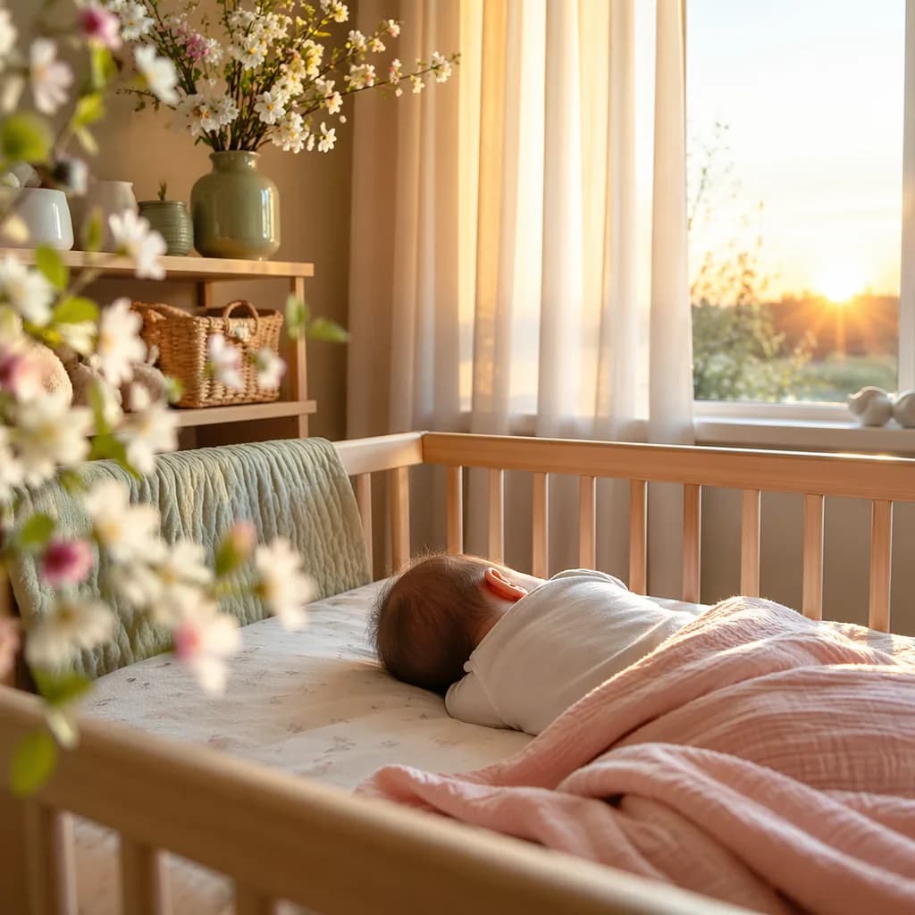 A cozy pastel nursery at dawn with a sleeping baby and spring flowers.