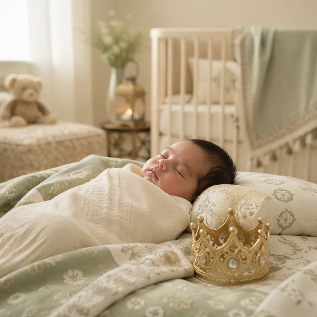 Sleeping baby in a cozy pastel nursery with a small crown ornament.