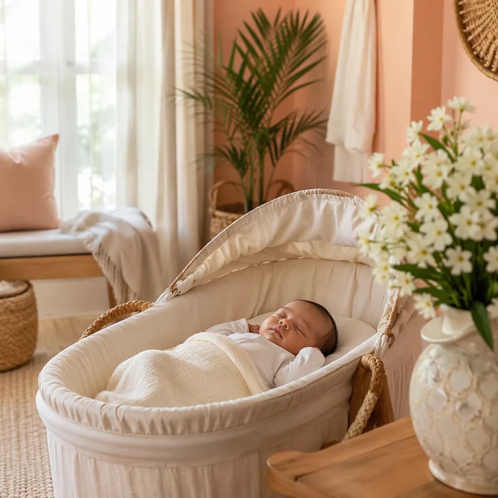 Peaceful newborn in a soft nursery with jasmine flowers and warm pastel light.