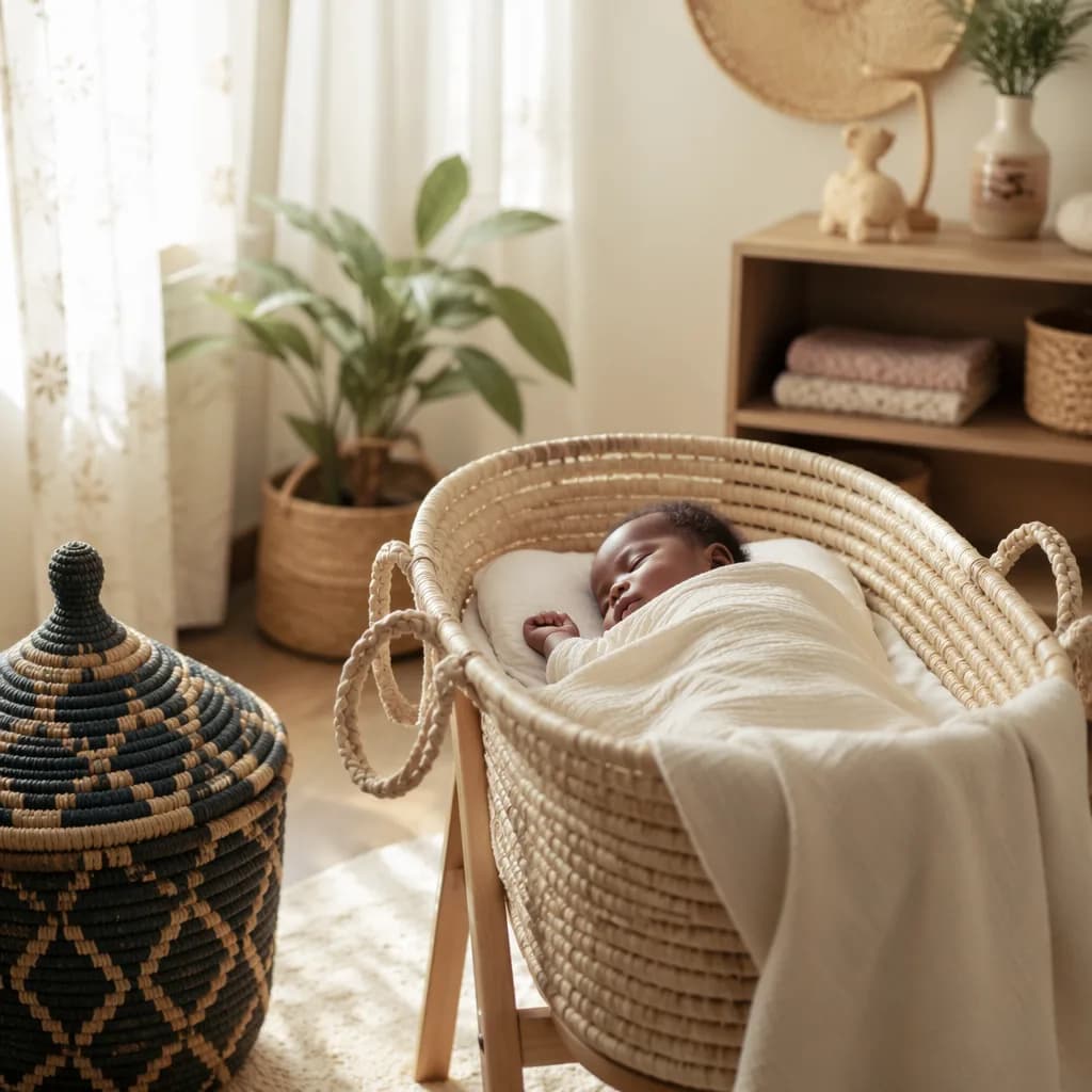 A softly lit nursery with a sleeping baby in a woven bassinet and gentle East African-inspired decor.