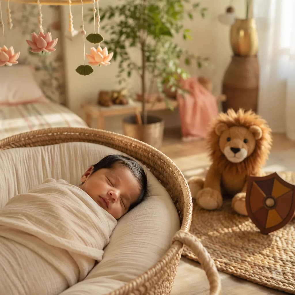 Sleeping baby in a warm pastel nursery with soft lion, shield, and lotus-inspired decor.