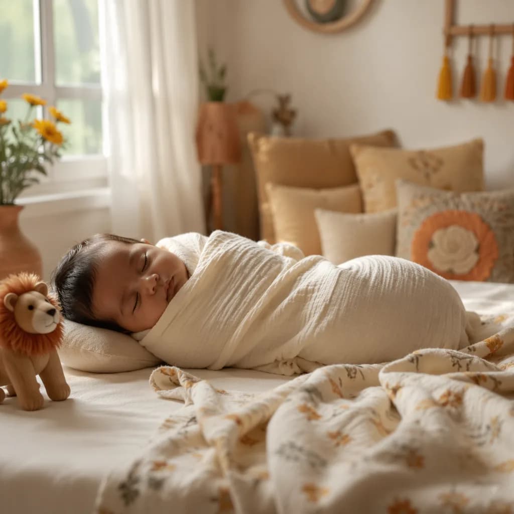 Sleeping baby in a warm pastel Indian-inspired nursery with a small wooden lion toy.