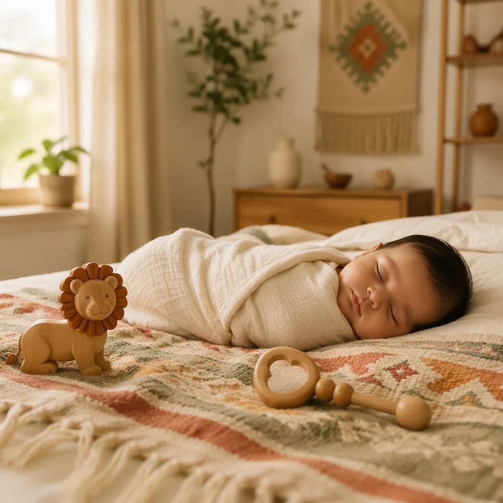 Sleeping baby in a warm pastel nursery with a toy lion and cozy blanket.
