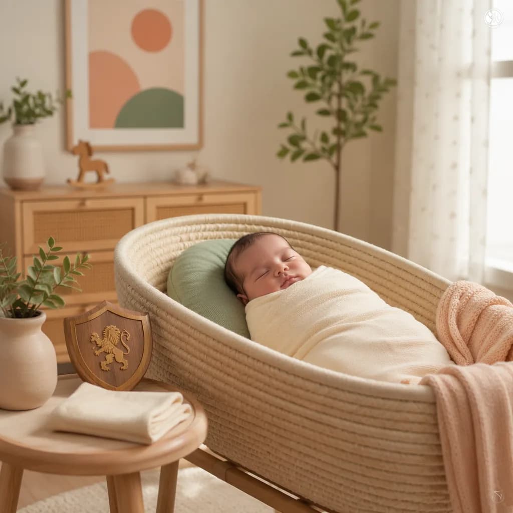A softly lit nursery with a swaddled sleeping baby and gentle symbols of courage and respect.