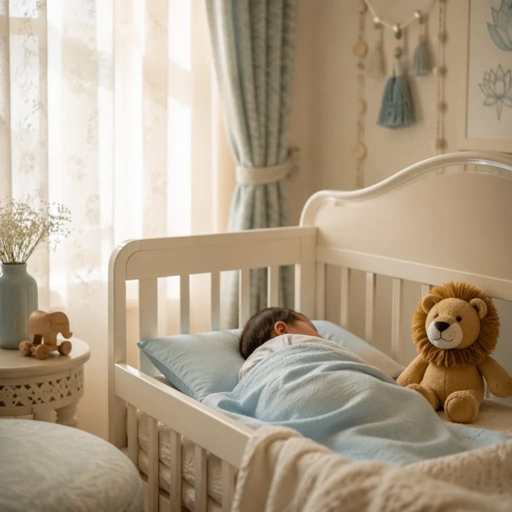 Sleeping baby in a soft blue nursery with a plush lion symbolizing courage.