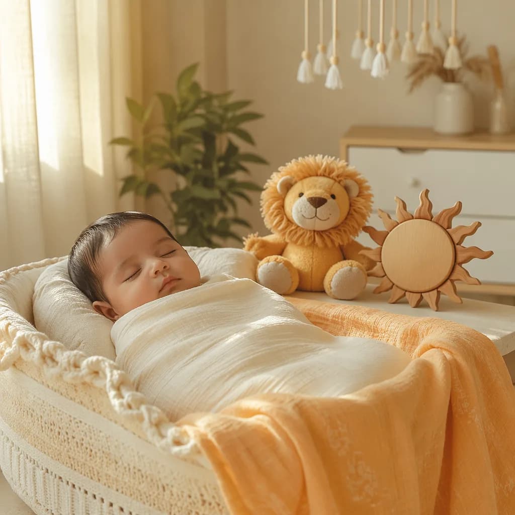 A peaceful baby nursery with a sleeping swaddled baby, plush lion, and warm pastel decor symbolizing courage and calm.