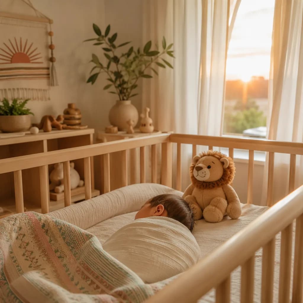 Sleeping baby in a soft pastel nursery at dawn with a plush lion symbolizing courage.