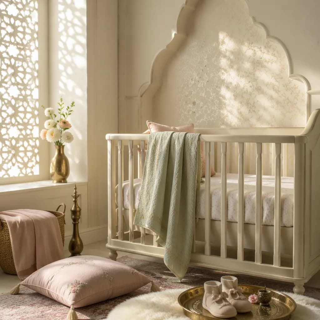 Soft pastel Mughal-inspired nursery with baby shoes and warm natural light.