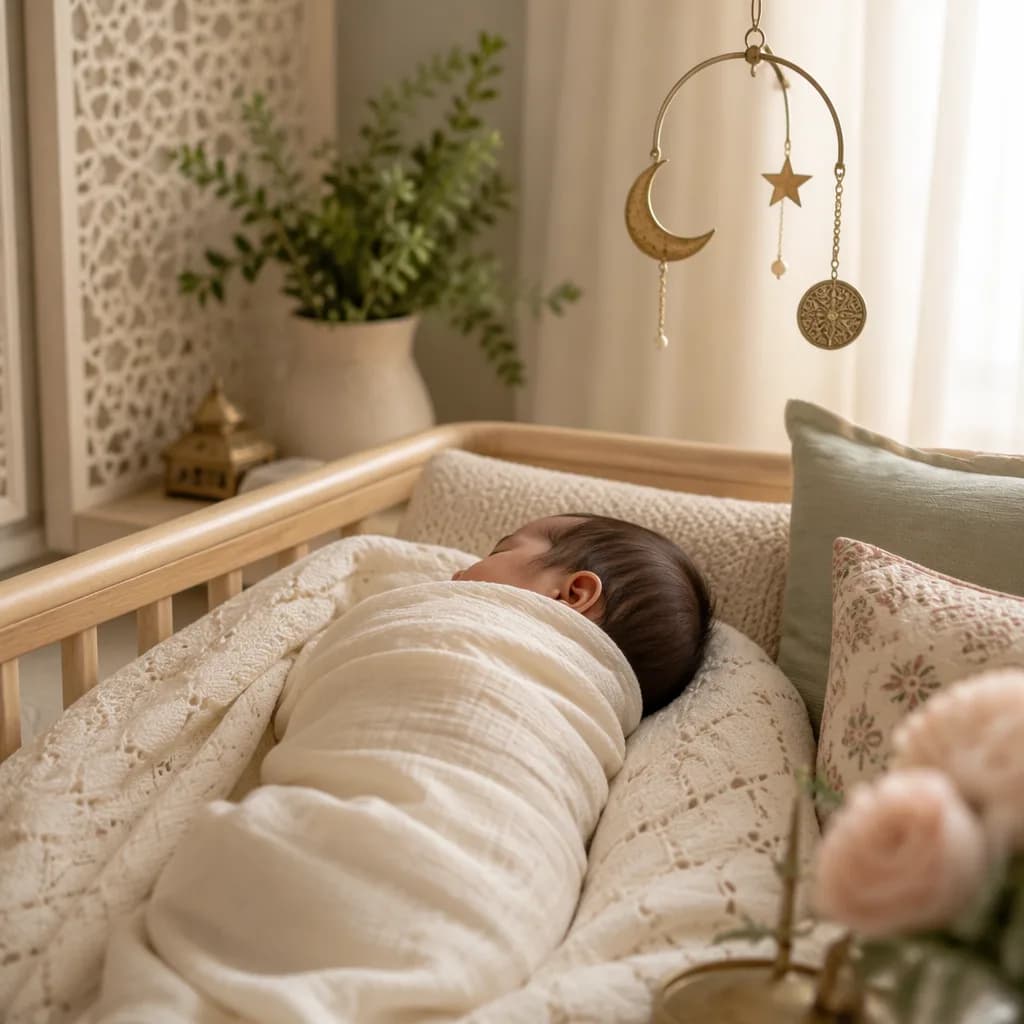 Sleeping baby in a soft pastel nursery with subtle Urdu-inspired decor.