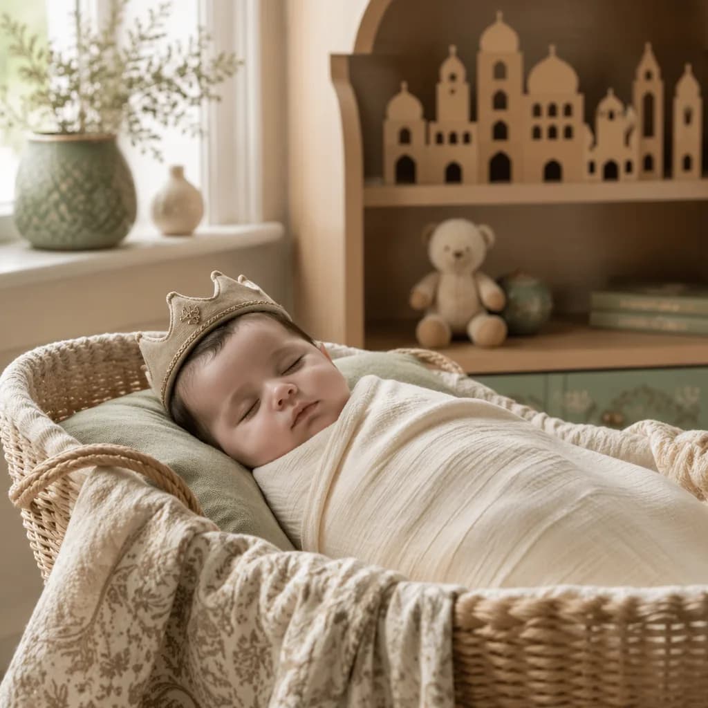 Sleeping swaddled baby in a warm pastel nursery with subtle regal decor.