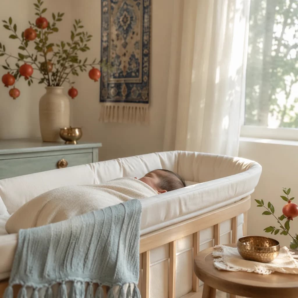 A softly lit Persian-inspired nursery with a swaddled sleeping baby and gentle heritage details.