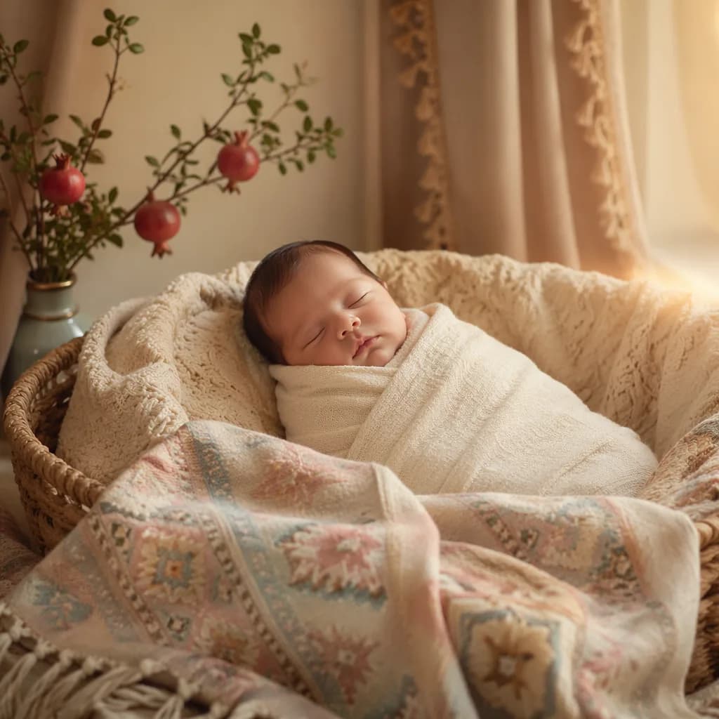 Sleeping baby in a soft Persian-inspired nursery with pastel decor and warm natural light.