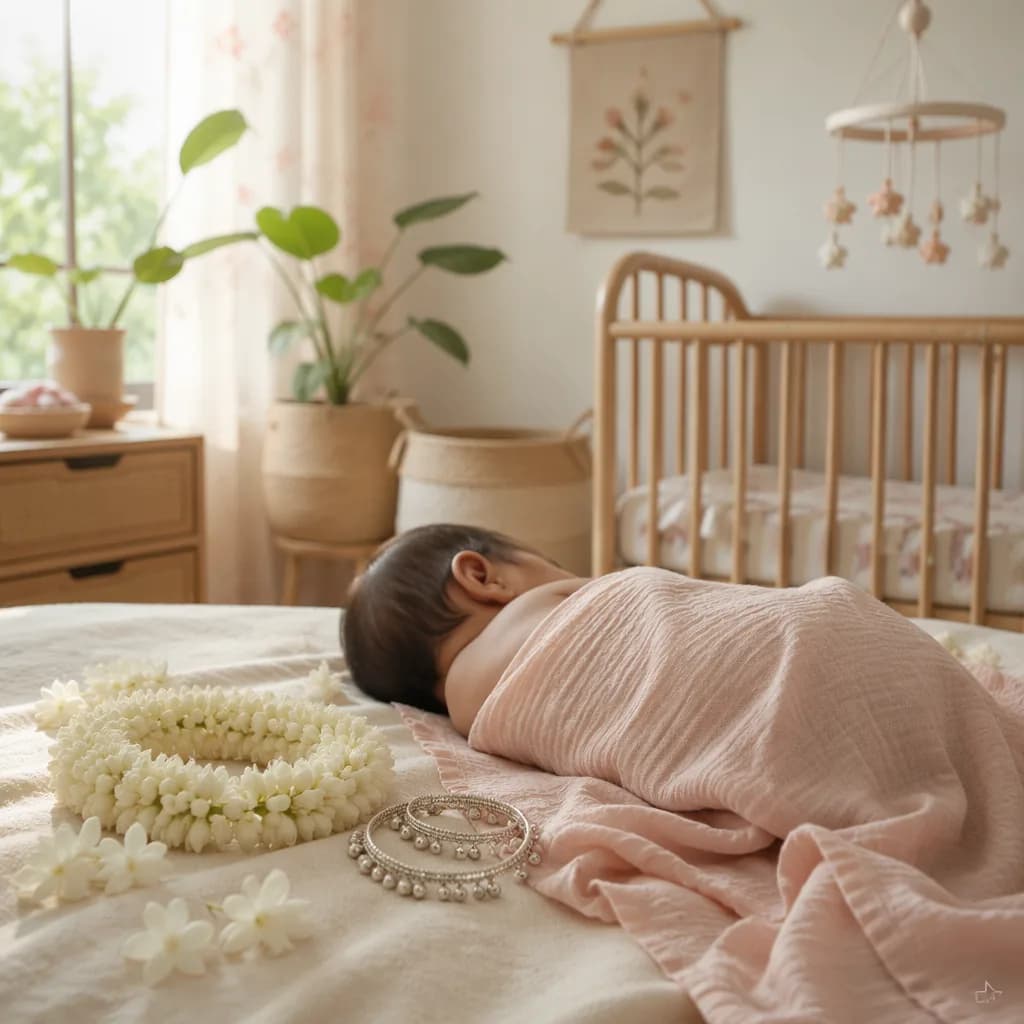 A peaceful Bengali-inspired nursery with a sleeping baby, jasmine garlands, and tiny silver anklets.