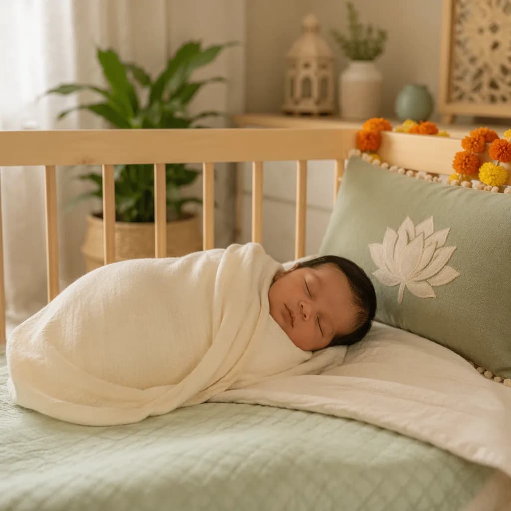 Peaceful swaddled newborn in a soft pastel nursery with subtle Sanskrit-inspired lotus accents.