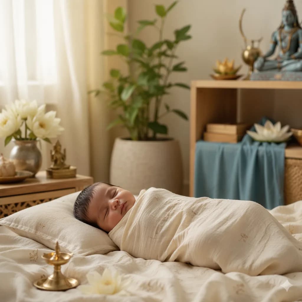 Sleeping baby in a soft pastel nursery with subtle Indian-inspired lotus and brass decor.