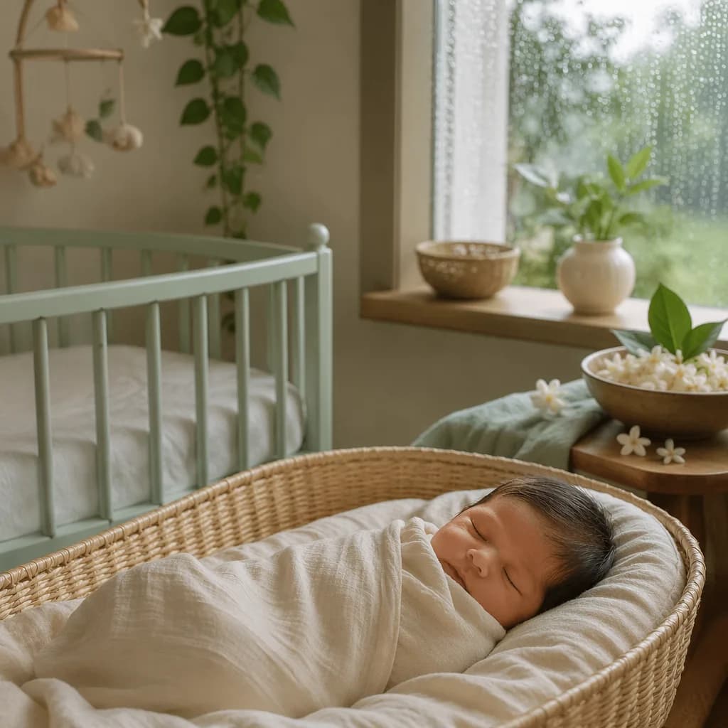 Sleeping baby in a soft pastel nursery with monsoon-inspired greenery and gentle window rain.