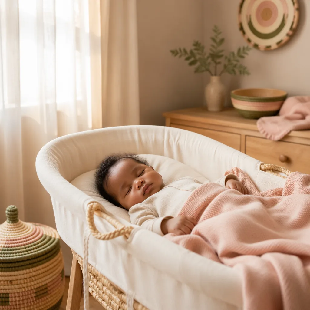 A peaceful baby sleeping in a cozy pastel nursery with warm woven details.