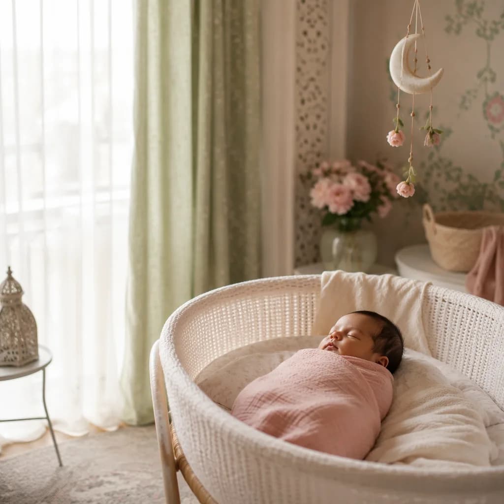 Peaceful swaddled baby in a soft pastel nursery with gentle Urdu-inspired decor.