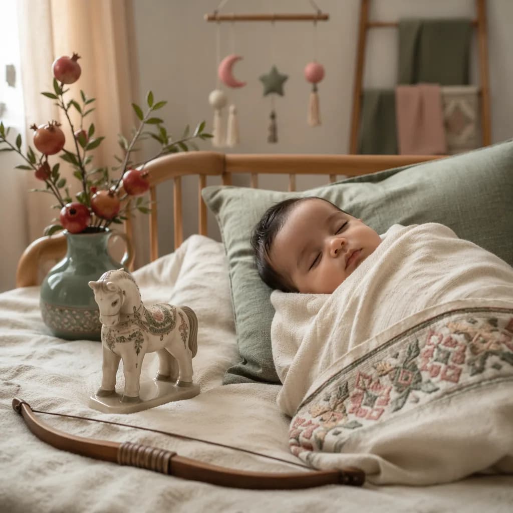 Sleeping baby in a soft Persian-inspired nursery with symbolic heritage accents.